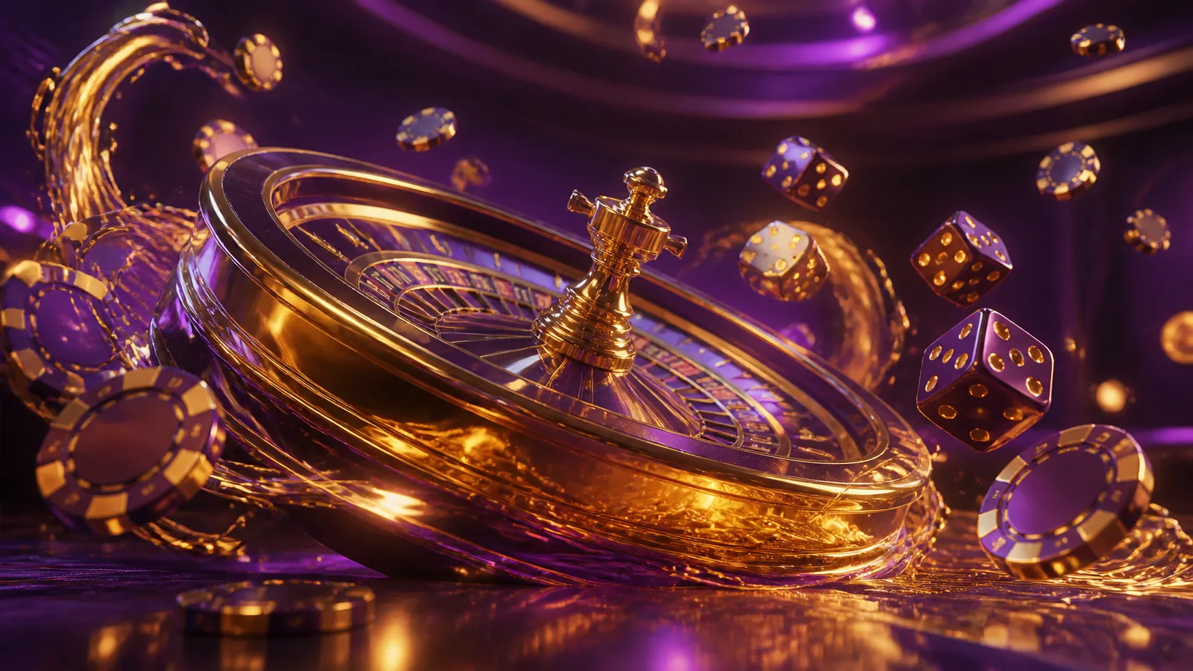 Glossy 3D isometric render of floating poker chips, glowing elements and a spinning roulette wheel, highlighting the theme of